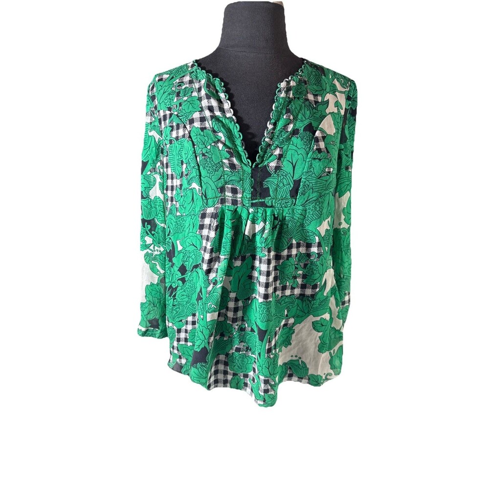 Diane Von Furstenberg Green Floral V-neck Blouse Size 6 100% Silk
